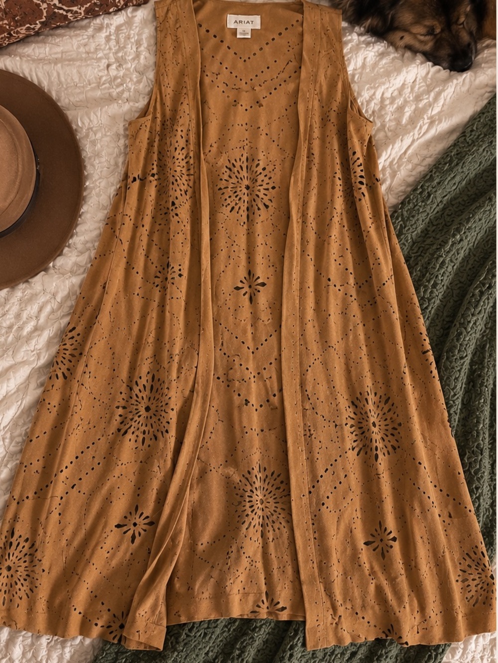 Ariat Faux Suede Laser Cut Long Duster Vest Western Boho M/L